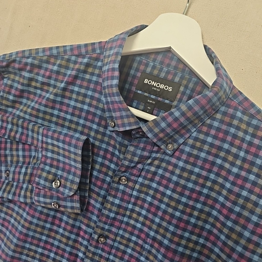 Bonobos Men's Large Blue Plaid Slim Fit Stretch Grid Check Button Down Shirt